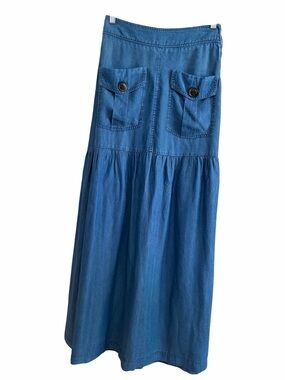 Blue Denim Maxi Skirt with Front Flap Pockets